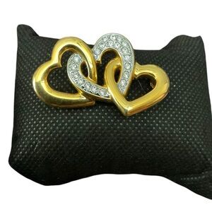 Rhinestone Heart Brooch Triple Gold Tone Lapel Hat Bag Gear Collectible Pin 2280